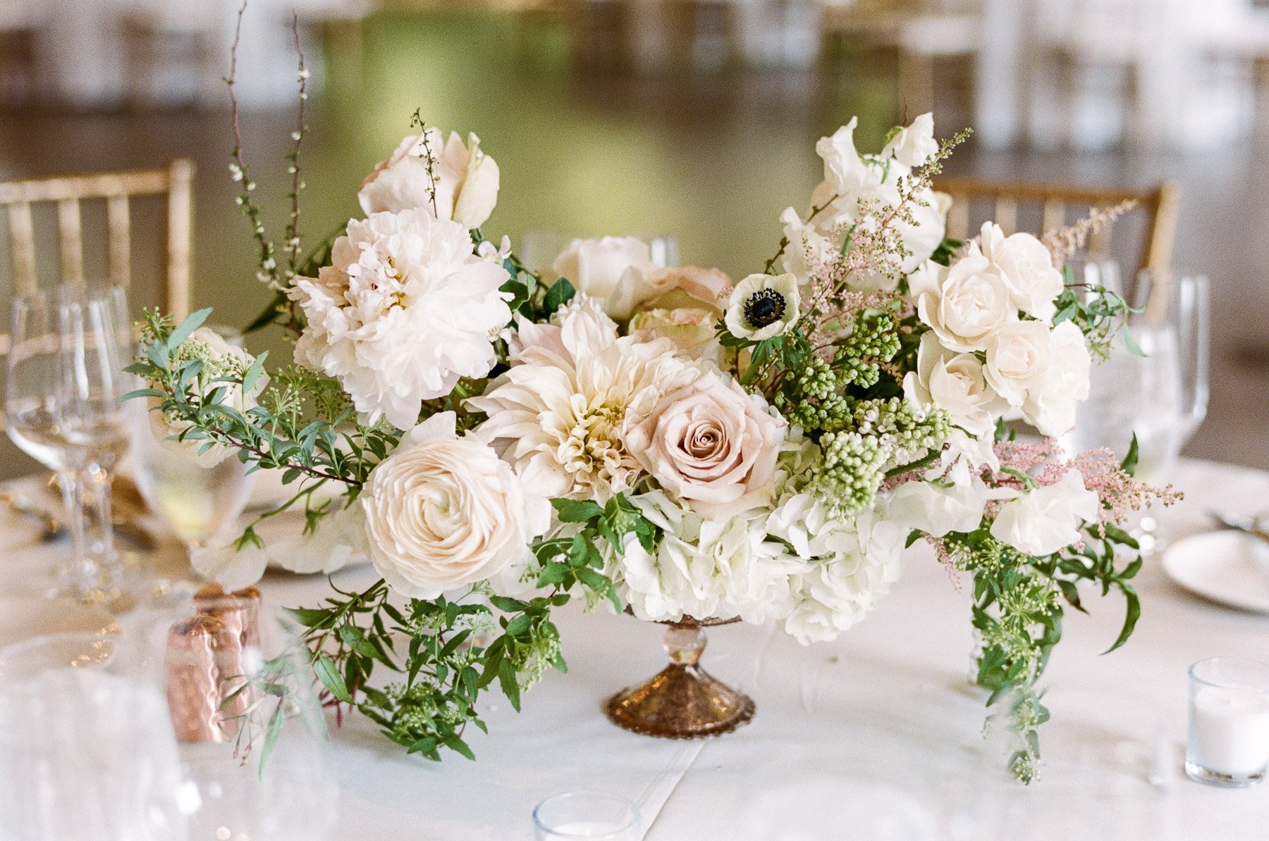 Blush pink, white and green centerpiece by Twisted Willow flowers
