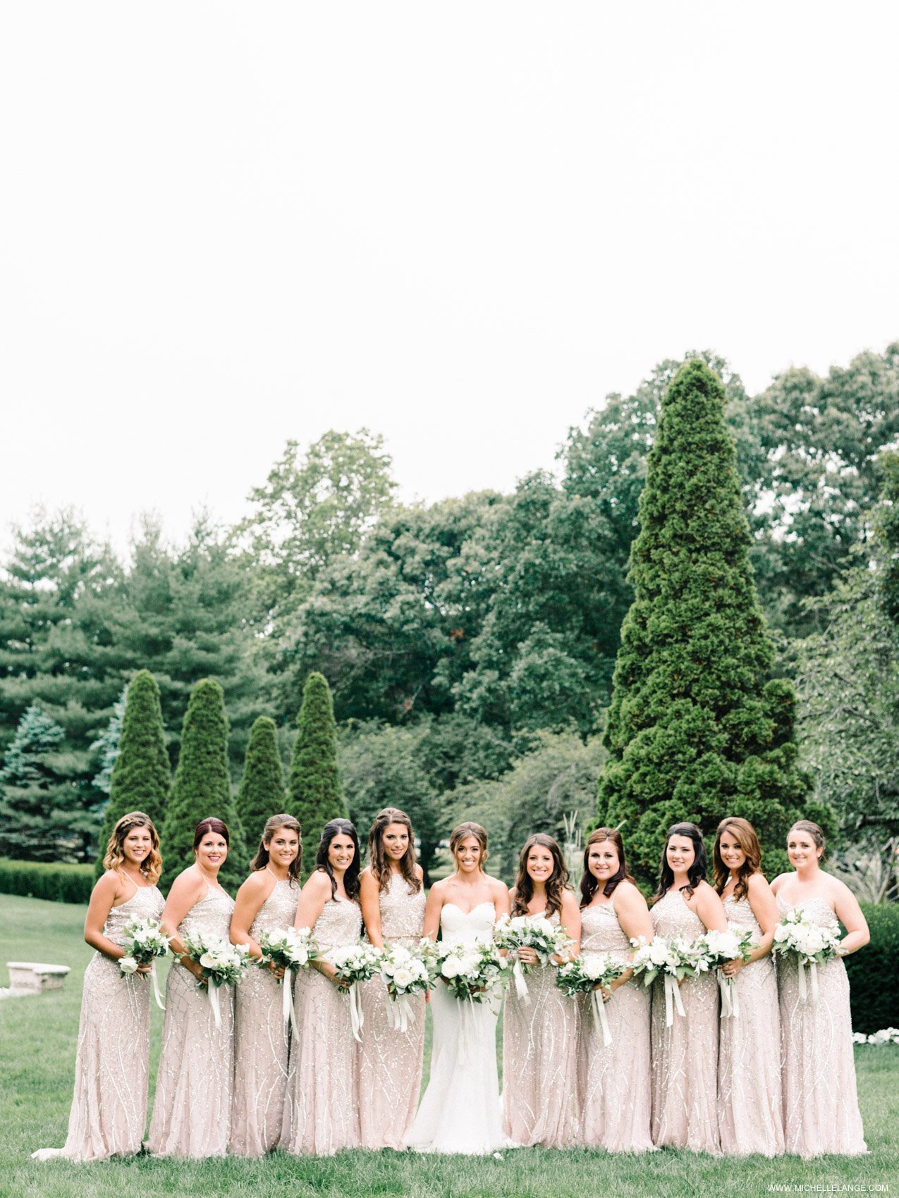 NY Wedding Photographer with Bridesmaids in Adrianna Papell 