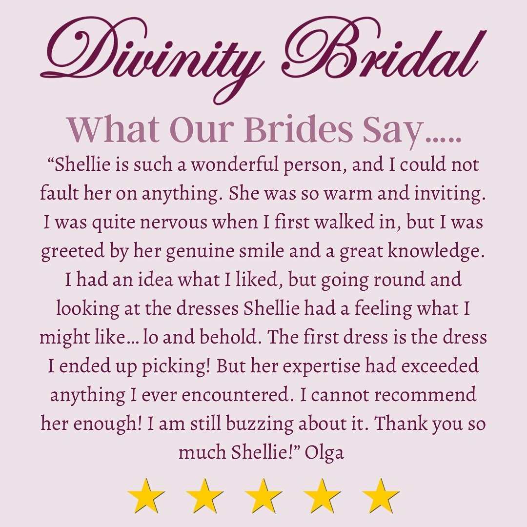 A huge thank you to our wonderful bride, Olga, for this review! 🌟

Olga, your kind words truly made our day! We&rsquo;re so pleased that you had such a fantastic experience with us at Divinity Bridal. Creating a warm and inviting atmosphere is what 