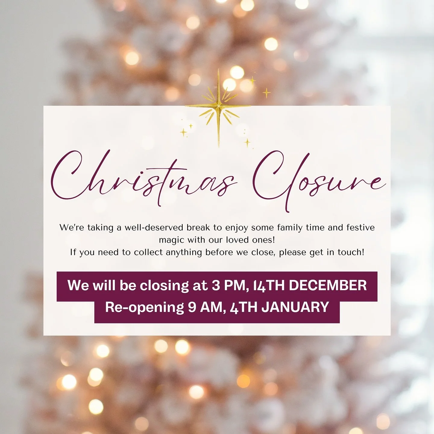 Just 2 weeks until we close for Christmas! 🎄💖 It&rsquo;s the most magical time of the year, and we&rsquo;ll be taking a well-earned break to soak up the festive magic and spend quality time with our loved ones.

Christmas Hours:
We&rsquo;ll be clos