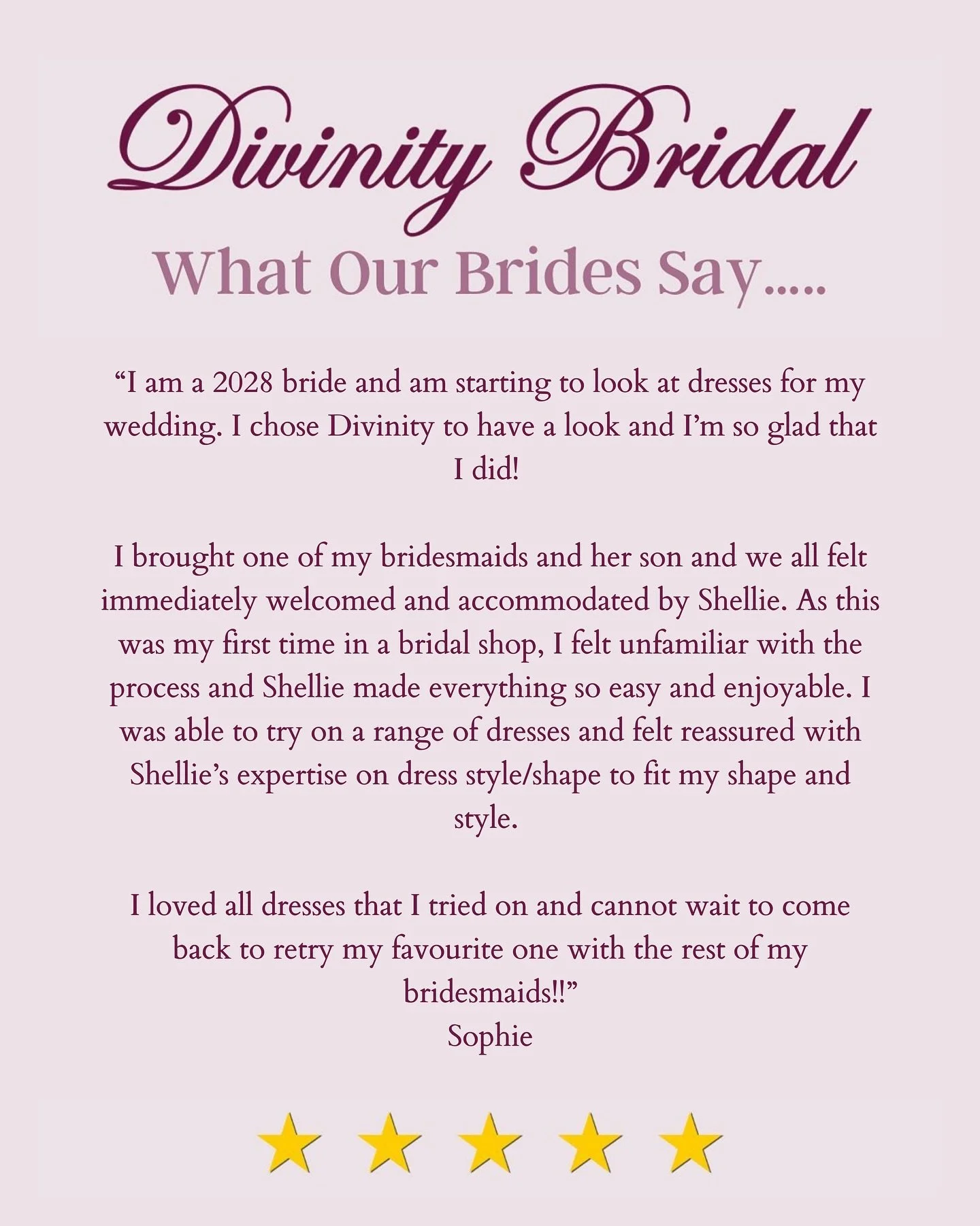 What a gorgeous review from our beautiful 2028 bride, Sophie 🤍

We&rsquo;re so happy you had such a lovely first bridal shopping experience and even happier that we got to be part of it! 💫

Brides-to-be, if you&rsquo;re ready to start your own drea