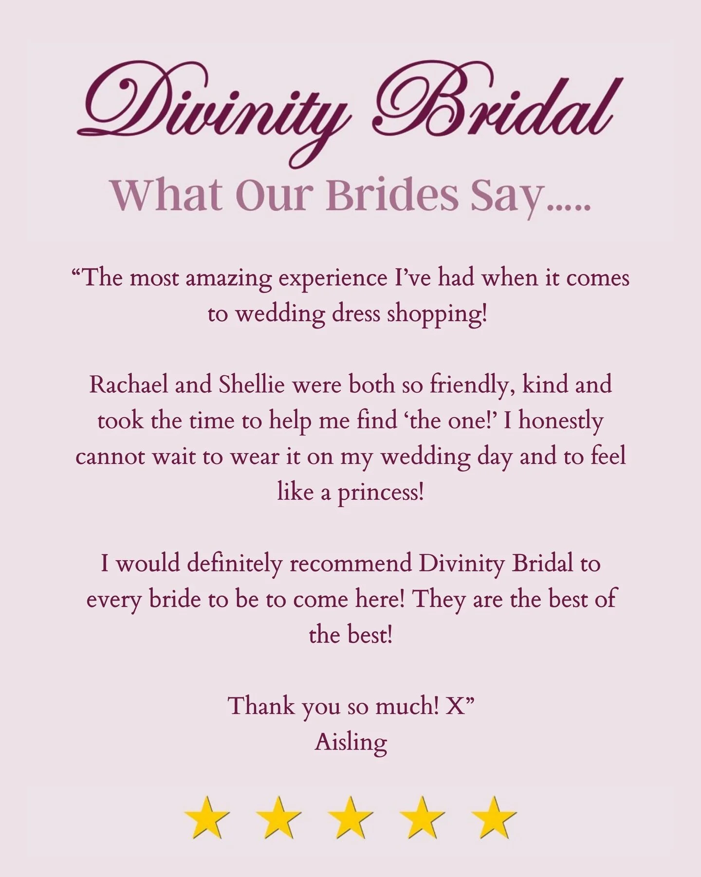 Aisling 🤍✨

This meant so much to us to read. Being part of your dress journey and helping you find the one was so special, and we honestly can&rsquo;t wait to see your photos!

There&rsquo;s nothing better than knowing our brides leave feeling exci