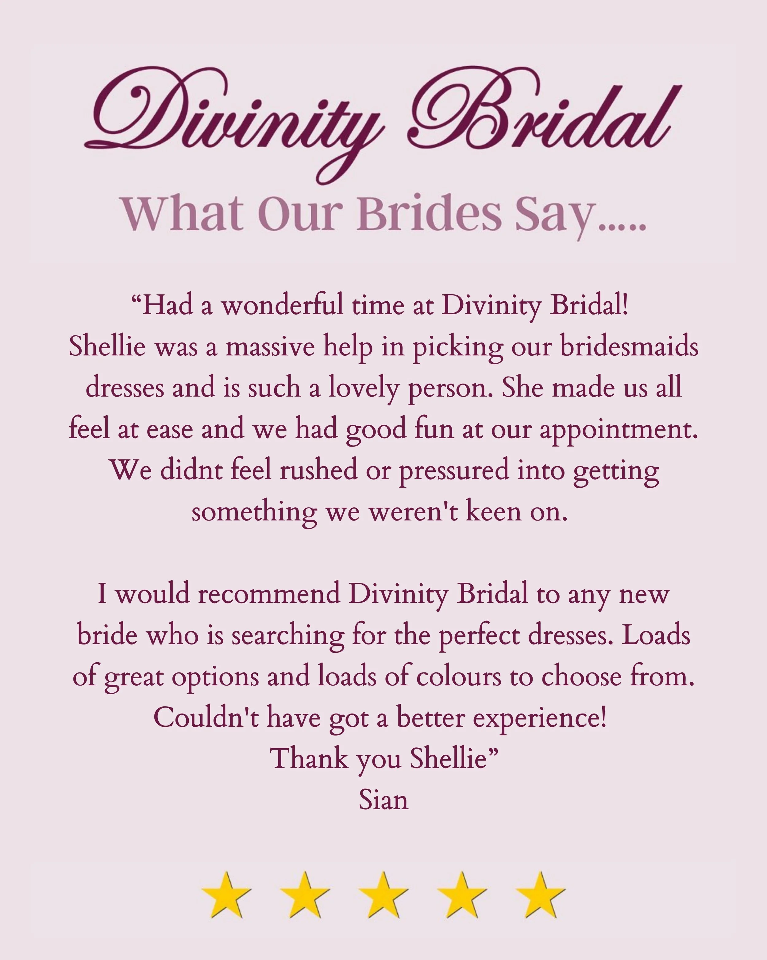 Reviews like this mean so much to us 🤍

Sian, thank you so much for your lovely words. Helping you choose your bridesmaids dresses was such a special part of your wedding journey, and we&rsquo;re so happy you all felt at ease and genuinely enjoyed t