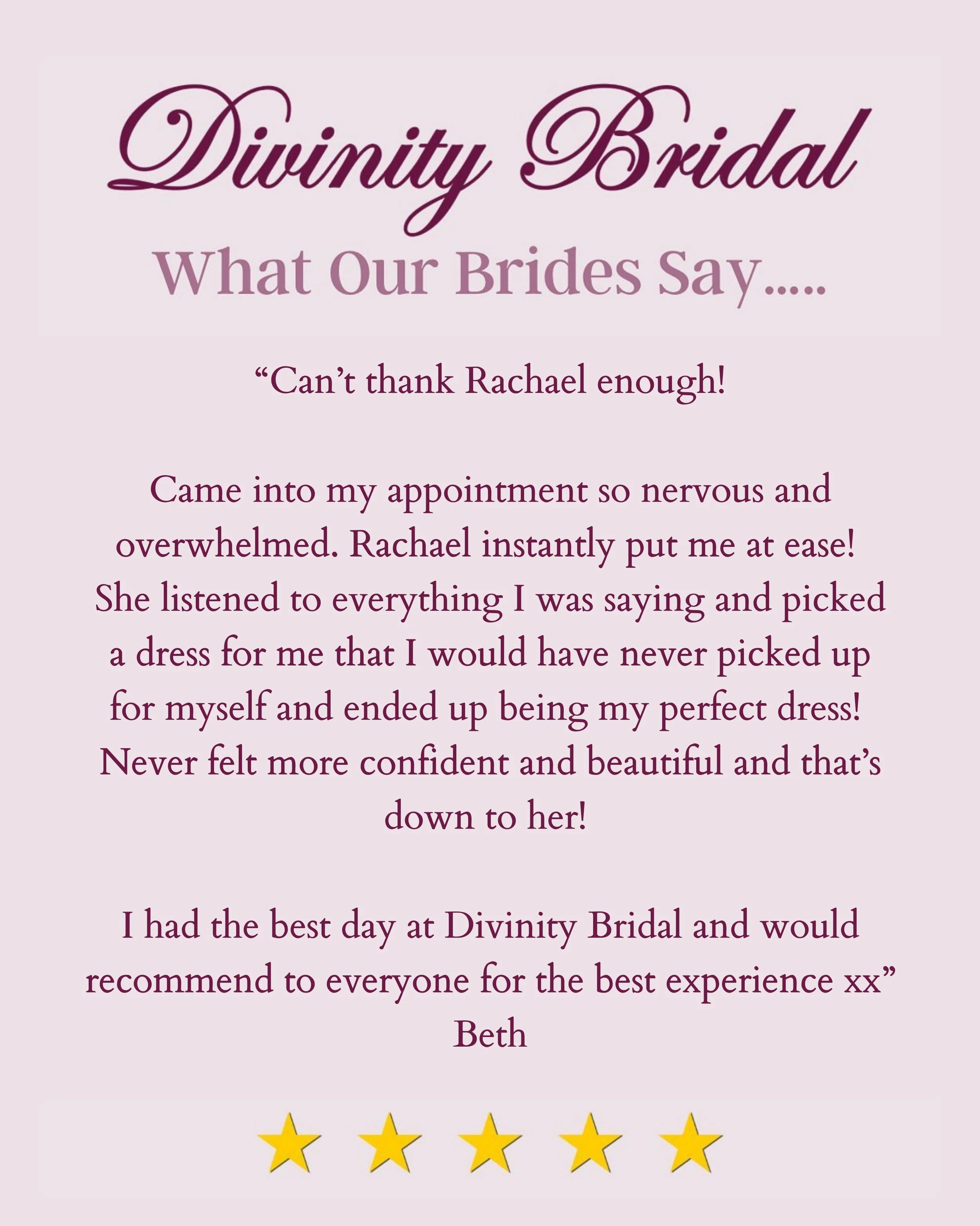 Reviews like this are exactly why we love what we do 🤍✨

Beth came into her appointment feeling nervous and overwhelmed&hellip; and left having found the dress she never expected to fall in love with!!

And honestly, that&rsquo;s what appointments a