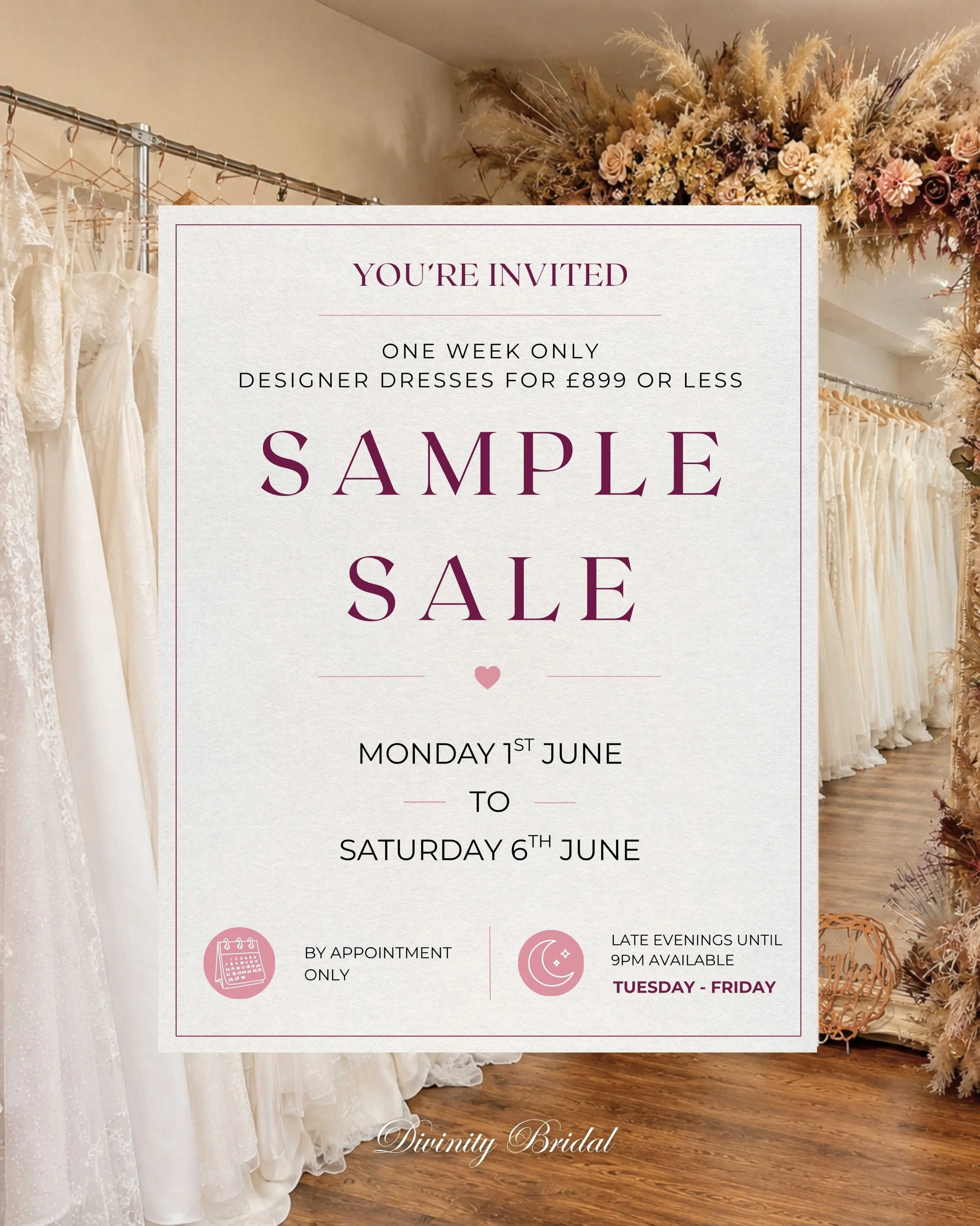 ONE WEEK until our Sample Sale starts and honestly&hellip; we cannot WAIT to welcome all of our brides into the boutique!!

From MONDAY 1ST - SATURDAY 6TH JUNE, hundreds of designer wedding dresses will be &pound;899 or less for ONE WEEK ONLY!! ✨

An