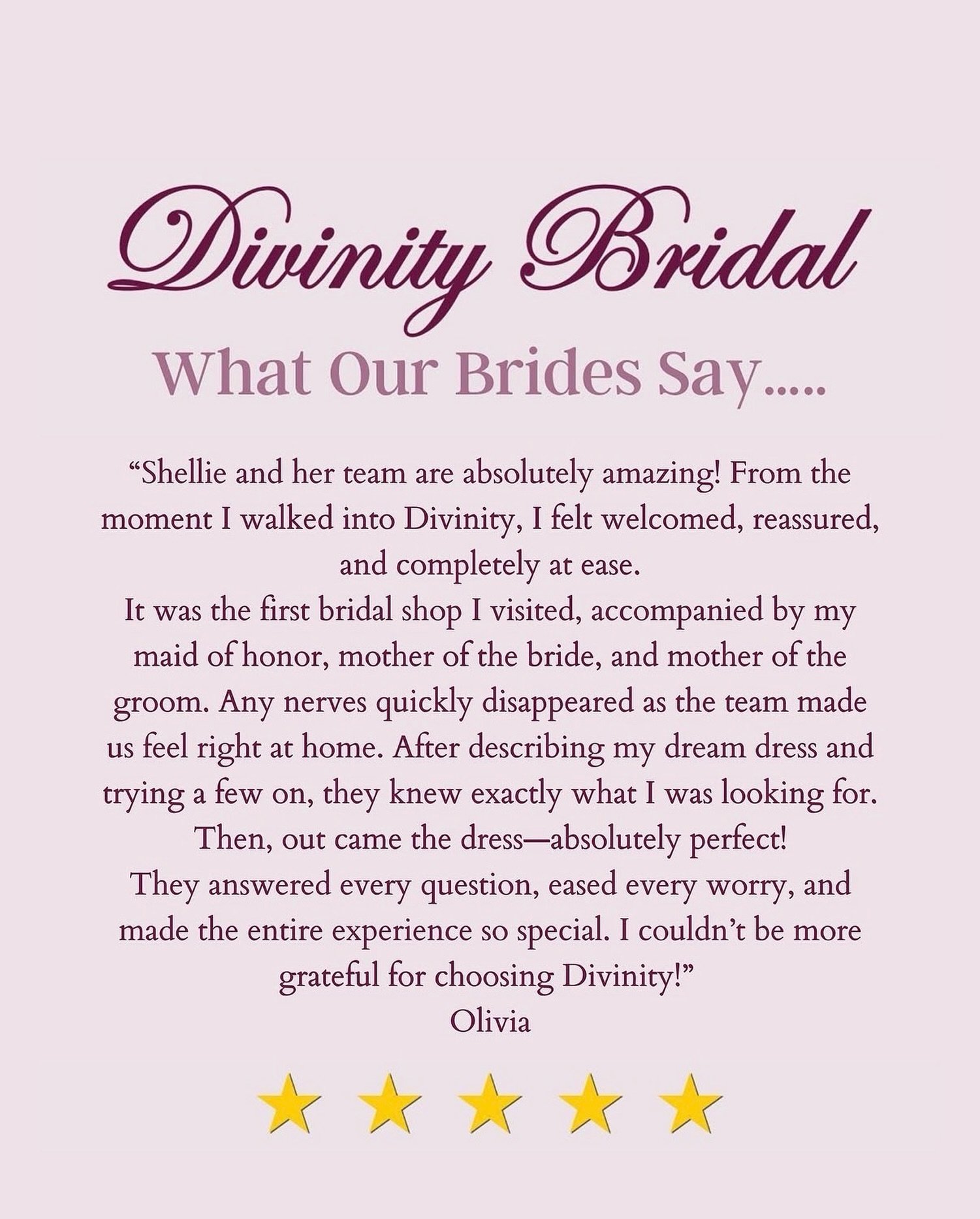 We know wedding dress shopping can feel overwhelming, emotional, exciting, nerve-wracking&hellip; sometimes all at once! 🤍

So hearing that Olivia walked into Divinity feeling instantly comfortable, relaxed, and truly looked after is exactly why we 