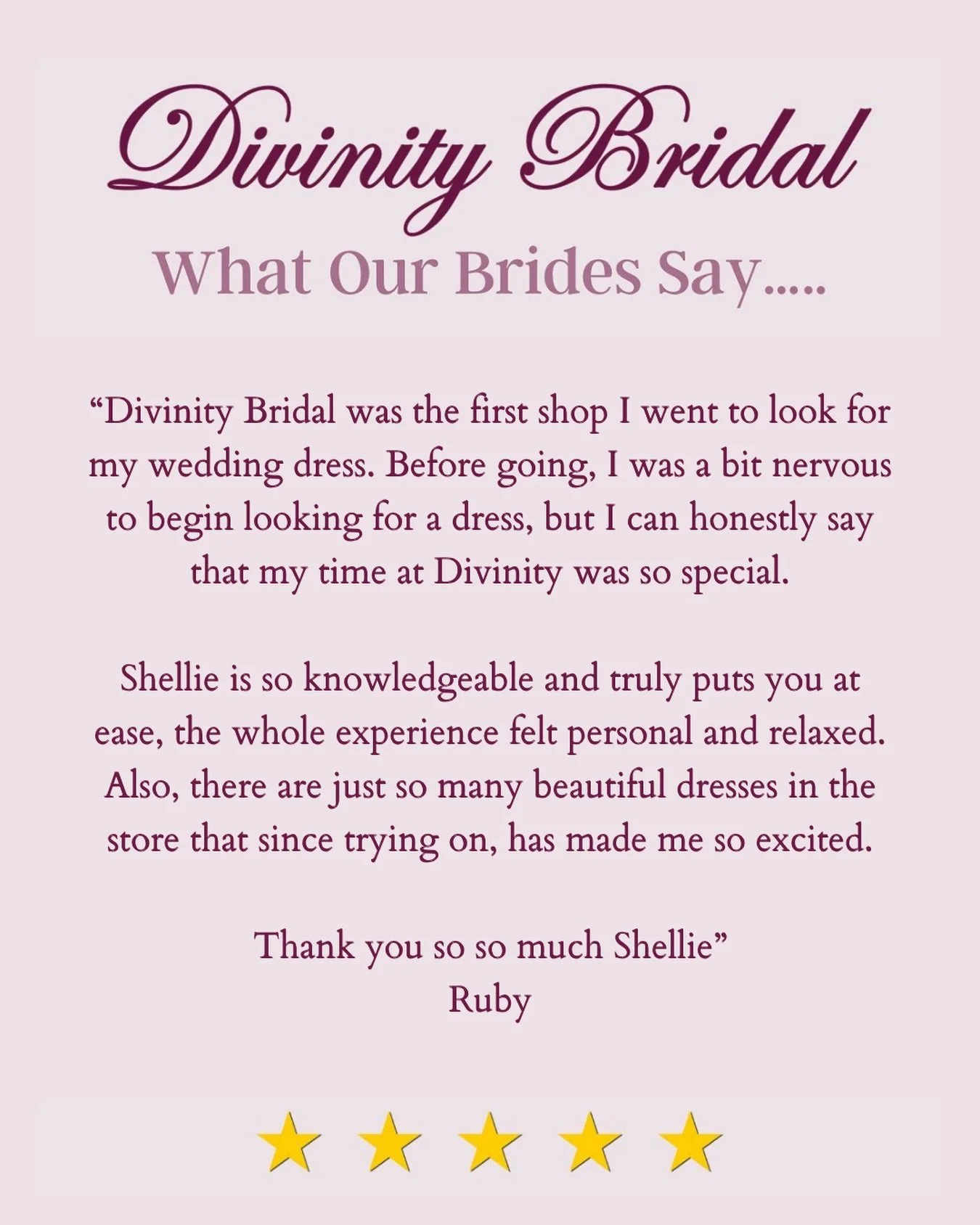 Reviews like this mean SO much to us!! 🥹

We know how nerve-wracking that very first wedding dress appointment can feel, especially when you have no idea what to expect or where to even start!!

So hearing that Ruby went from feeling nervous before 