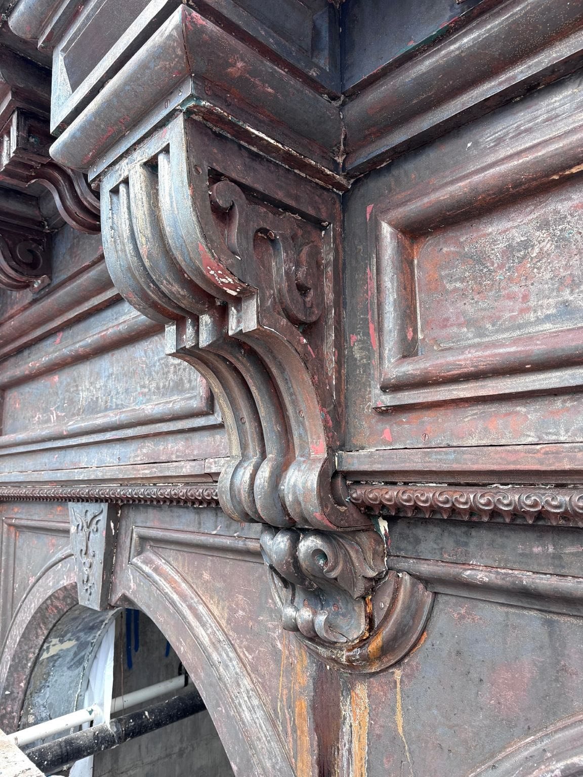 Carefully restoring the 110-year-old cast-iron fa&ccedil;ade at 34 Walker Street in Tribeca. As layers of paint are stripped away, intricate details long hidden are being revealed. Truly an honor to play a part in preserving craftsmanship that has de