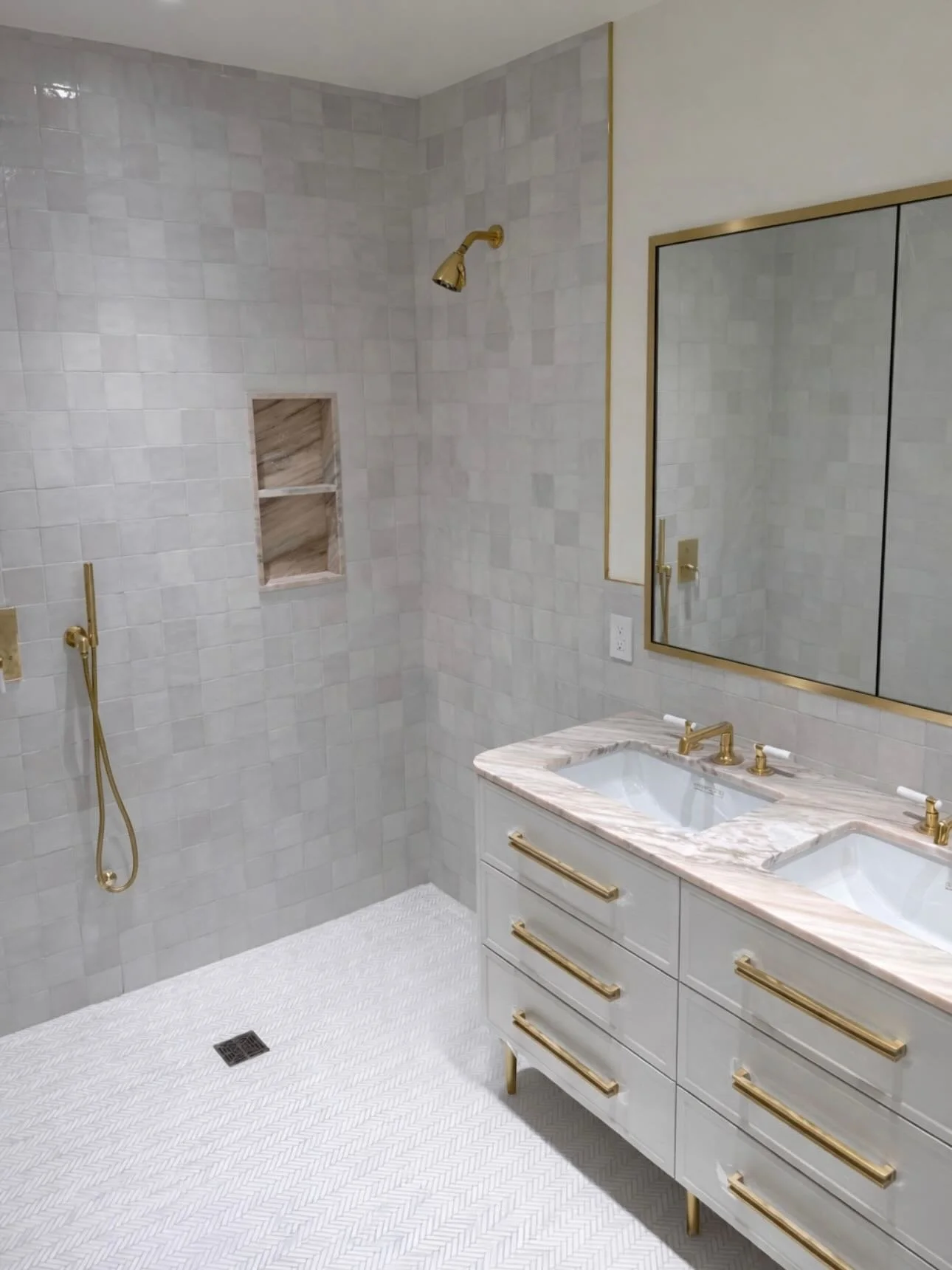 Bathroom installations nearing completion at La Maison Collette (813&ndash;815 Broadway), in Greenwich Village. Executed to align with the Parisian-inspired design vision of Isaac &amp; Stern and Paris Forino. Awaiting final light fixture installatio