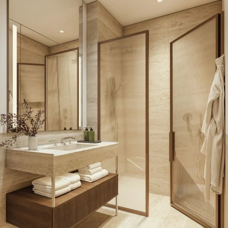 Last April the development team was in Lebanon selecting stone. Today it&rsquo;s being installed in the guest bathrooms at 32 Walker Street in Tribeca. Always rewarding to see materials make the journey from quarry to finished detail.