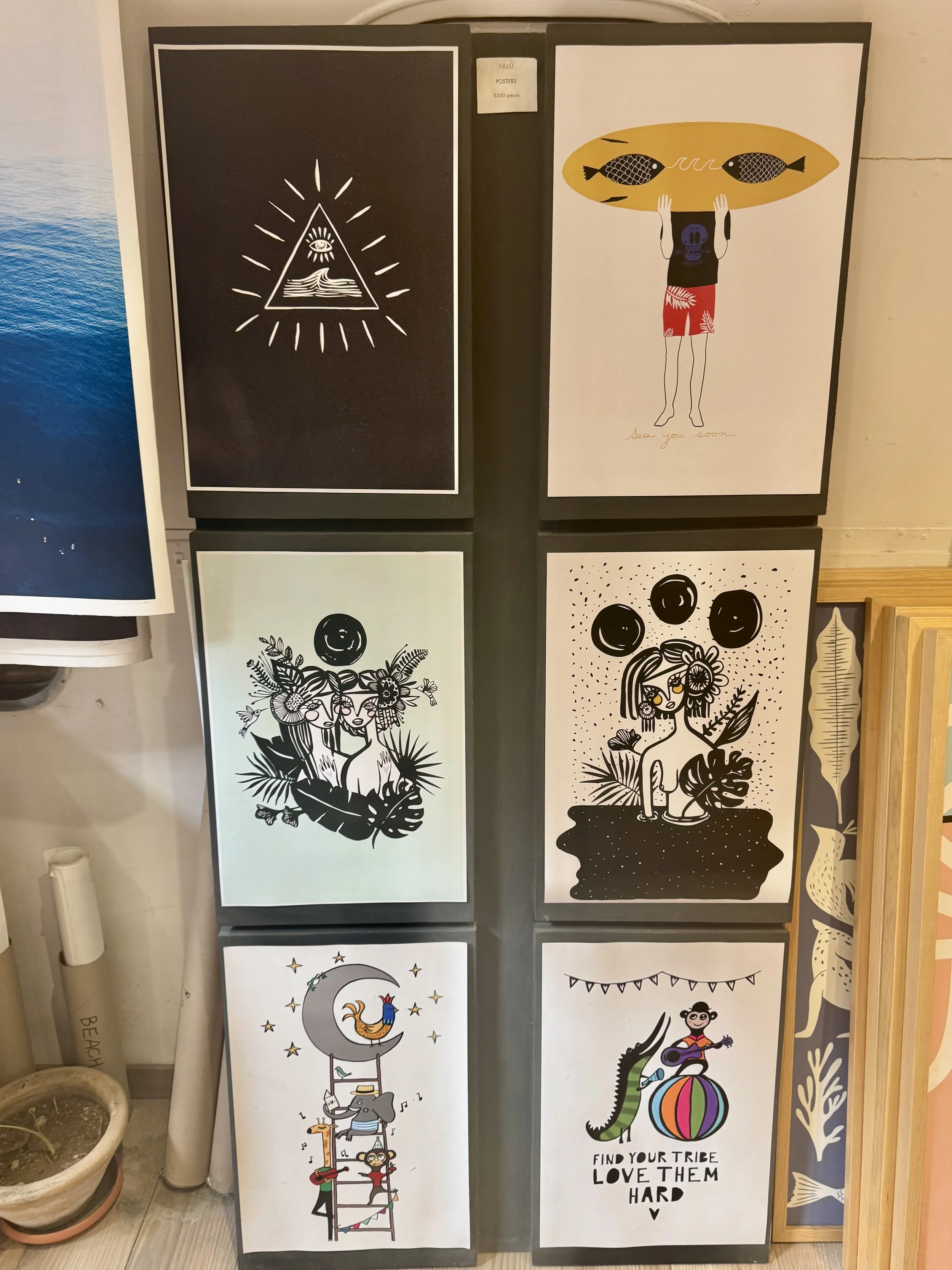 Framed contemporary art prints in gallery in Sayulita, Mexico.
