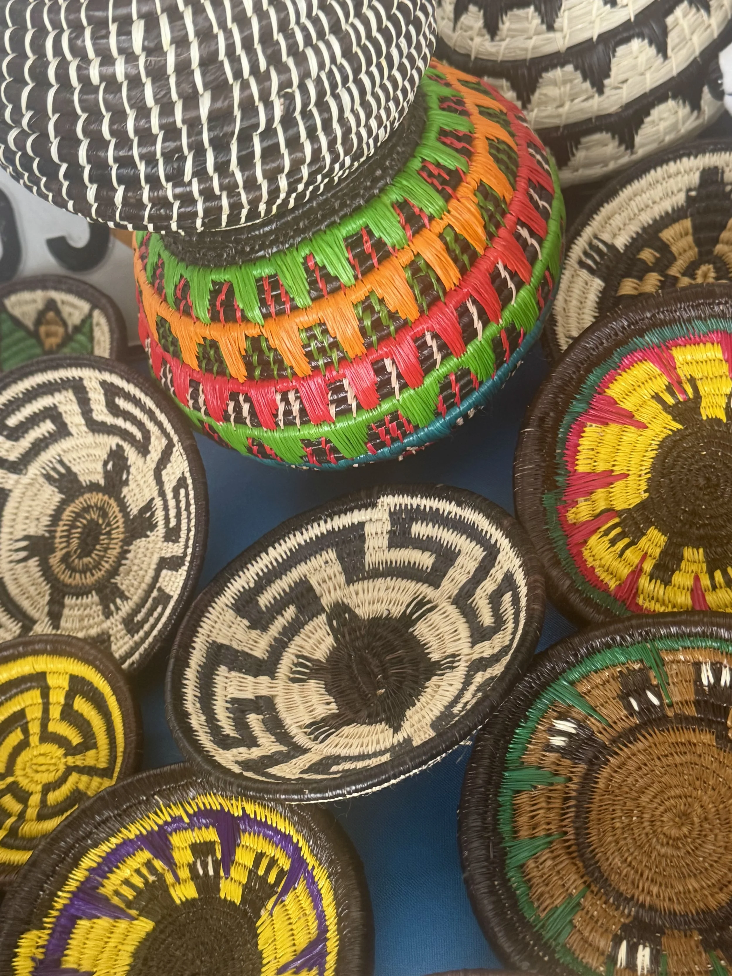 Woven baskets and handmade fiber crafts in Colon, Panama market.