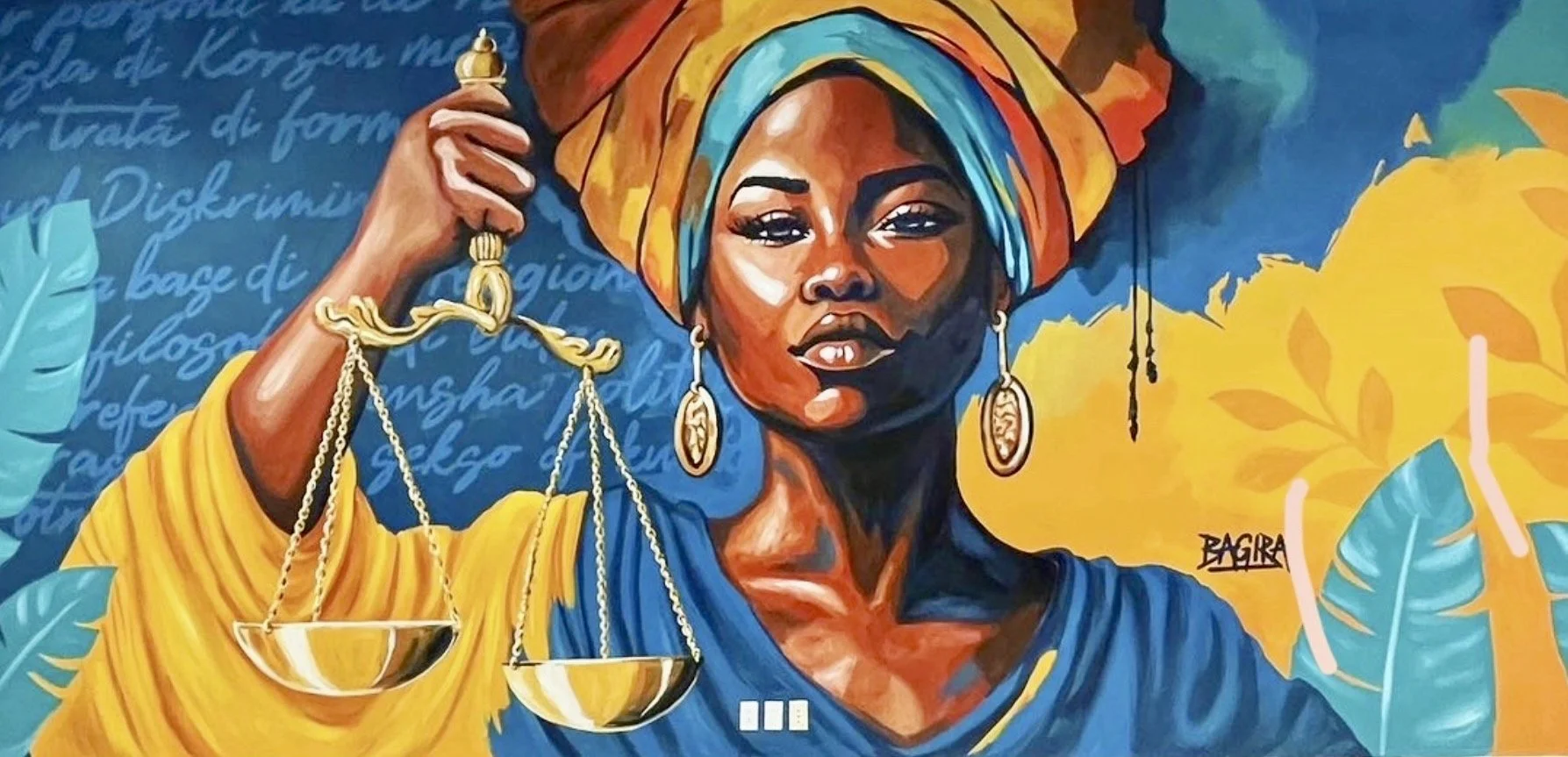 Vibrant mural of woman holding scales painted on Curaçao wall