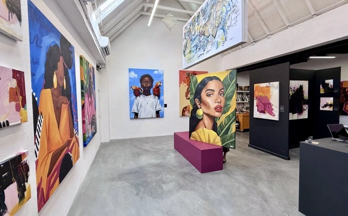 Contemporary Caribbean artwork displayed inside Curaçao art gallery