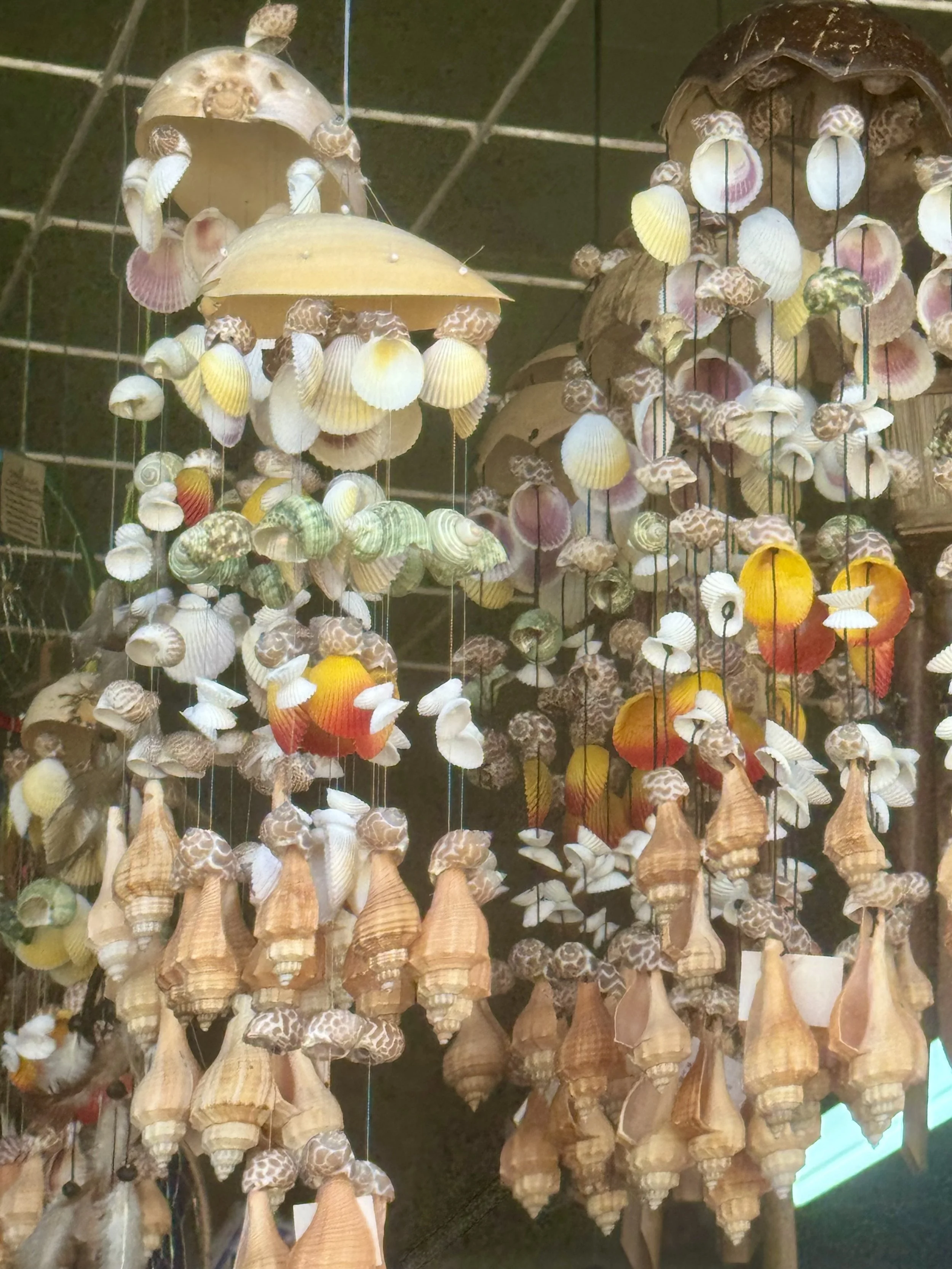 Hanging seashell ornaments and handmade decor in Limon, Costa Rica market.