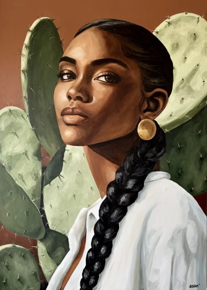 Caribbean portrait artwork of woman with cactus background.