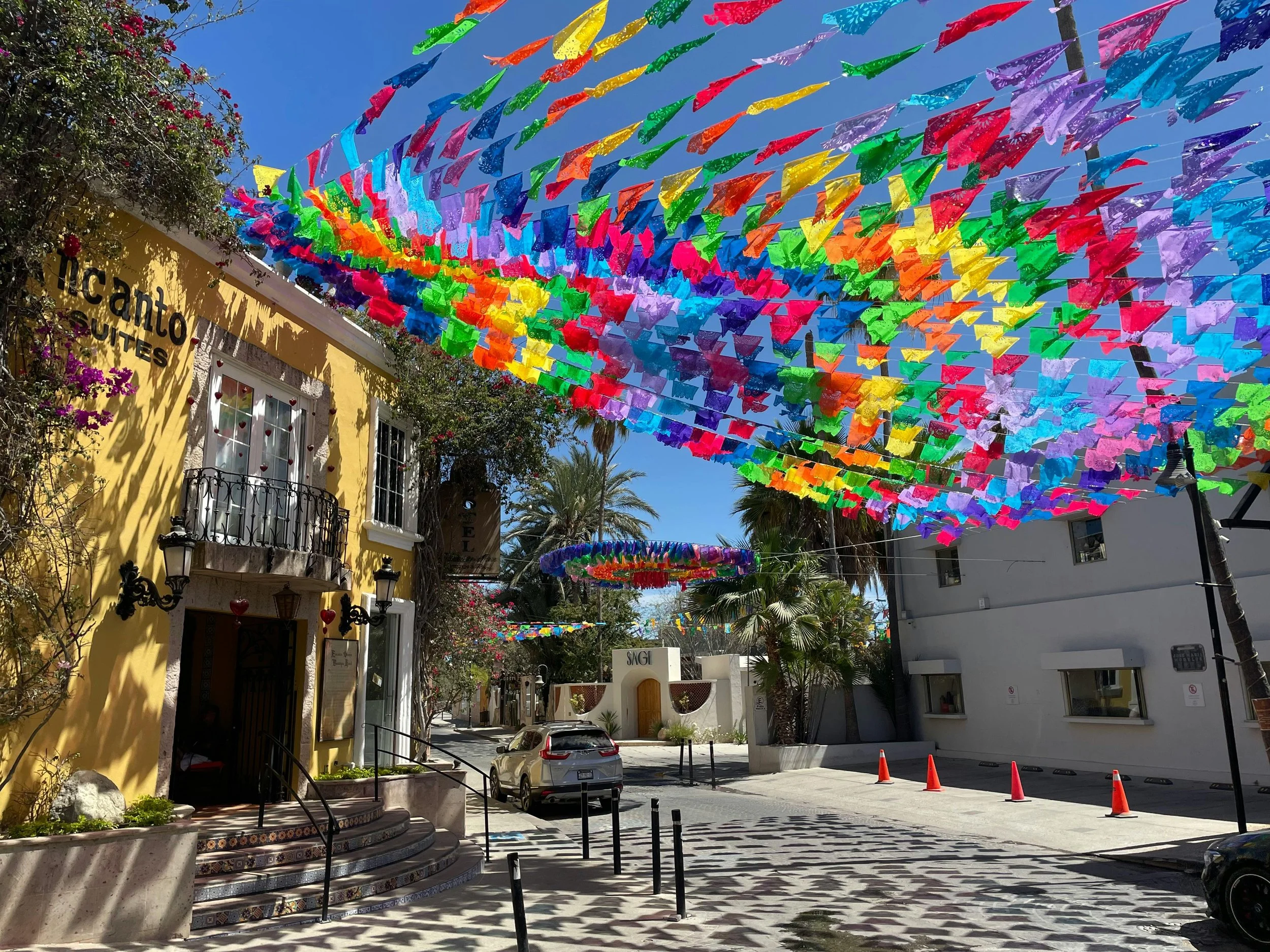 Colorful Flags Hanging over Street in San José del Cabo in Mexico.