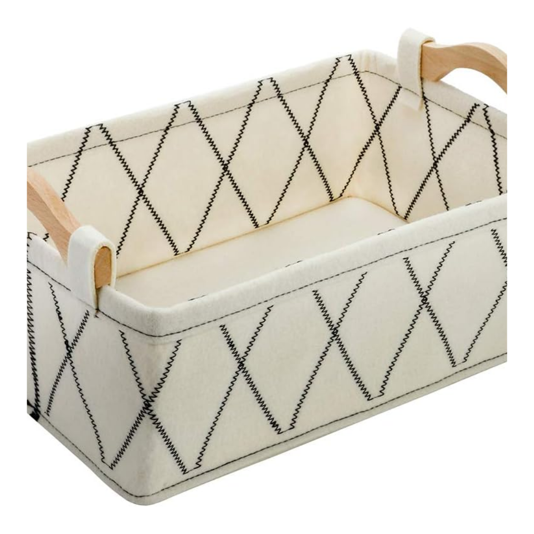 linen bin with wooden handles with cross hatch pattern