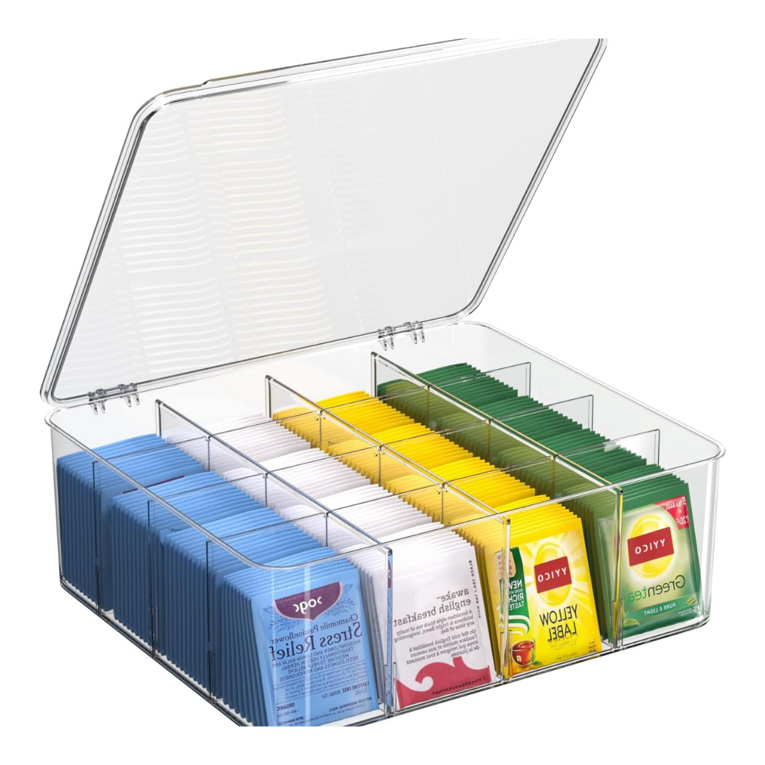 clear divided tea bag organizer with a lid