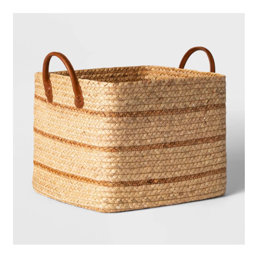 Large Braided Water Hyacinth Basket with Faux Leather Handles
