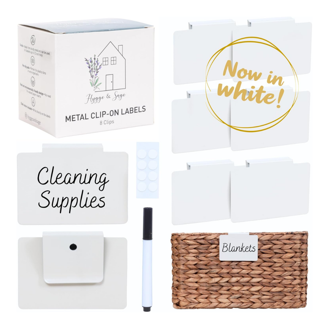 white bin clips to label your baskets