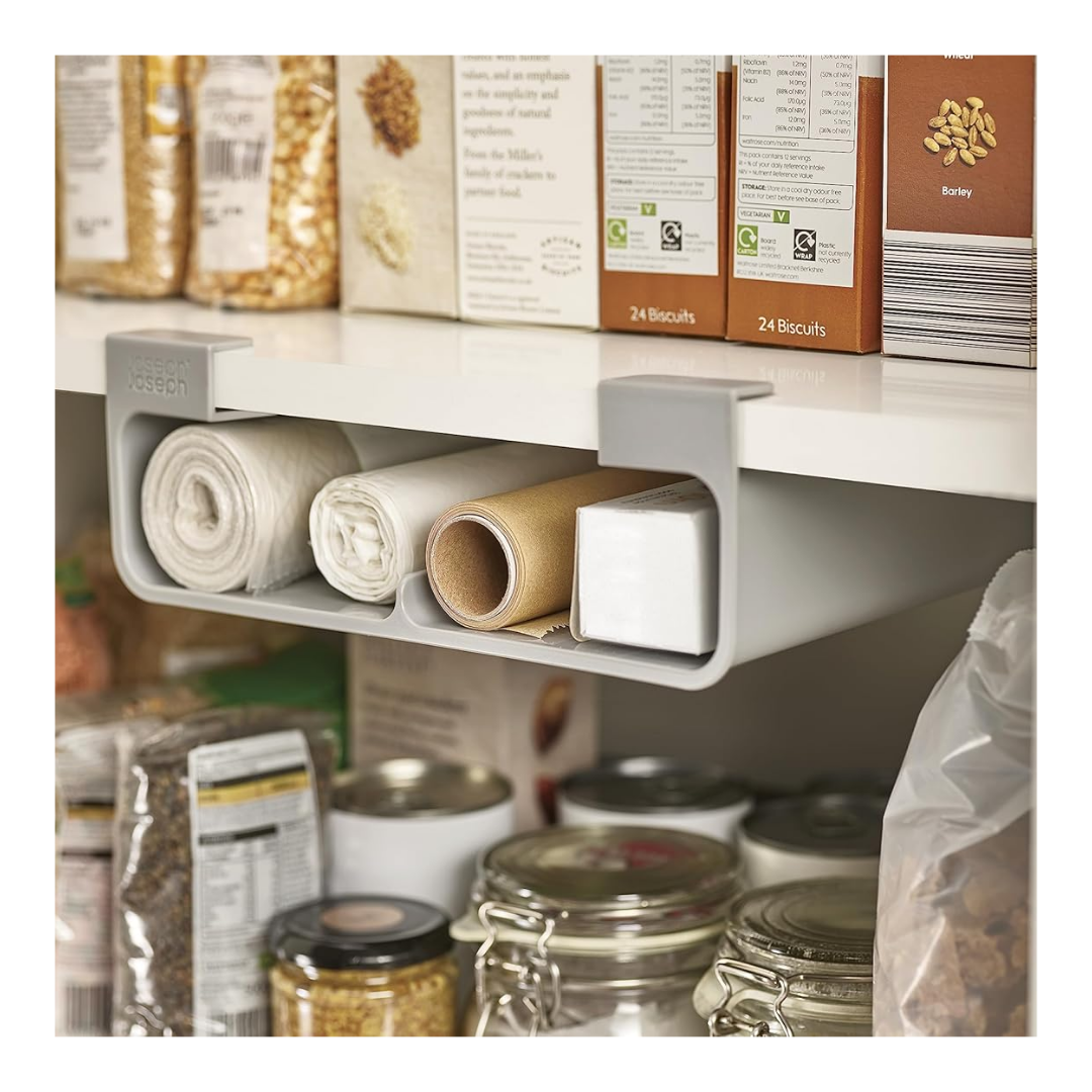 an under shelf organizer for food wrap
