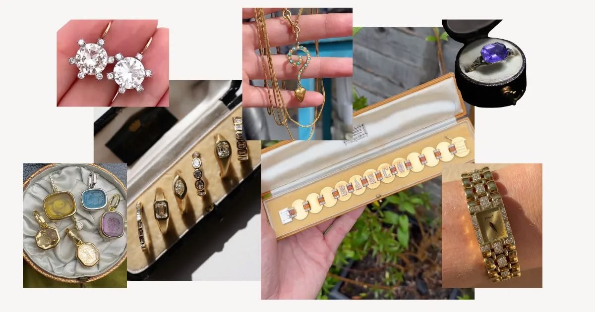 Collection of jewelry including diamond earrings, layered necklaces, a ring with an amethyst gemstone, various rings with different gemstones, a bracelet with colorful stones, and a gold watch with a rectangular face, displayed in jewelry boxes and on a surface.