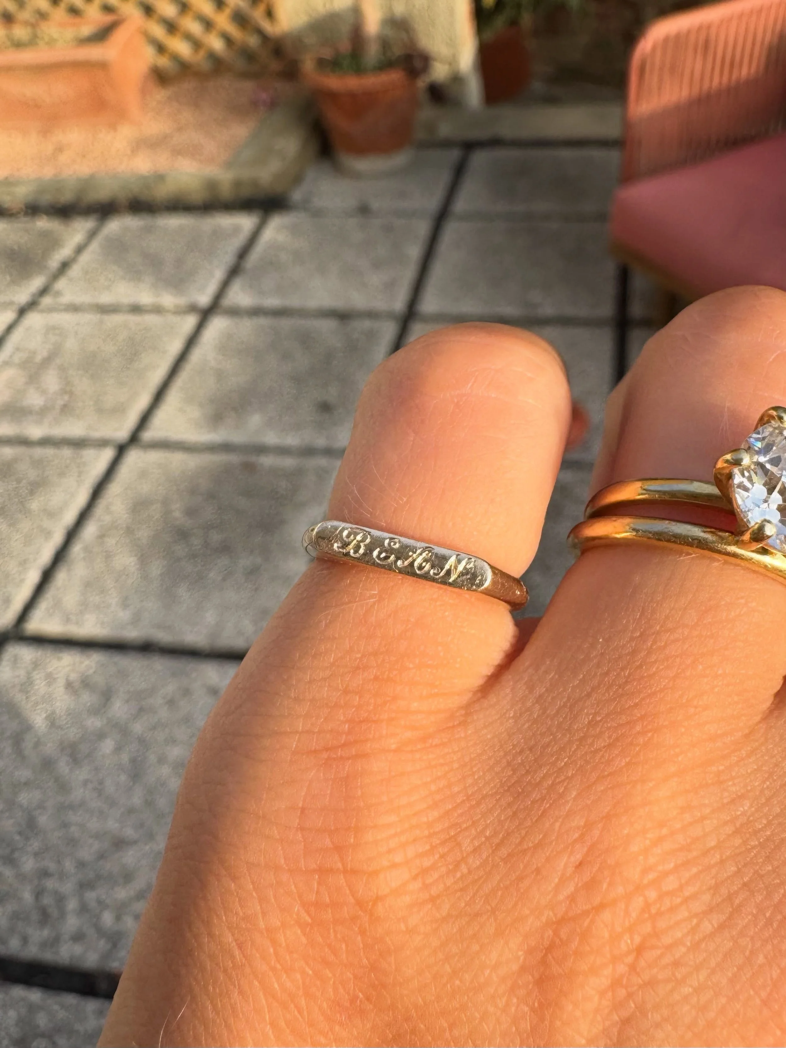 I love discussing how jewellery tells a story, and this is perhaps one of the best examples. This ring was made for me and engraved with the name of my first &lsquo;baby&rsquo;, Bean.

It is inspired by historic love tokens and designed to be worn ev