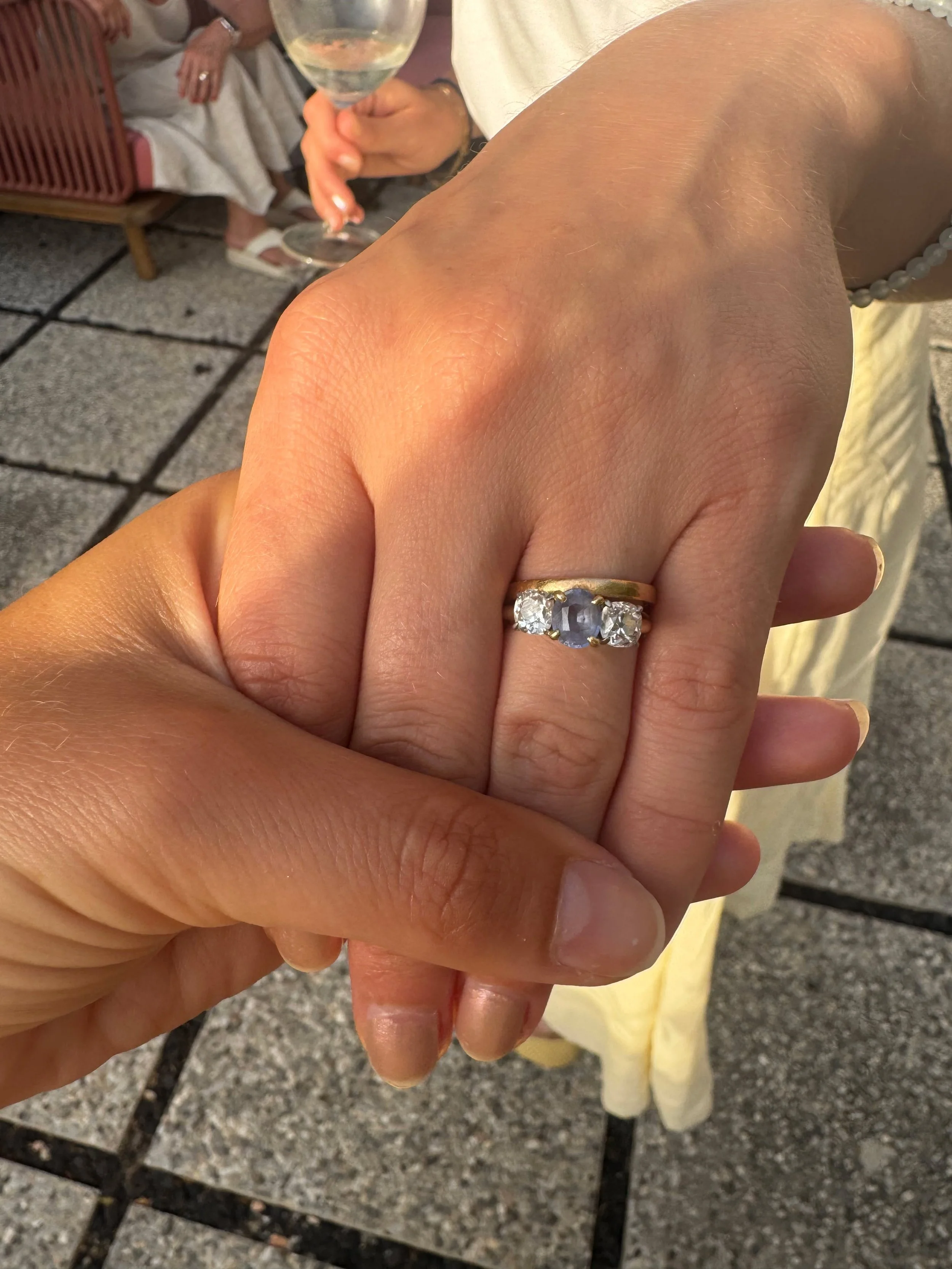 It's SO lovely to see the engagement ring with the wedding band.

Some of you may remember this Ceylon sapphire and diamond ring belongs to my sister, and we had an absolutely amazing day celebrating Sophie and Andy's wedding earlier this year!
