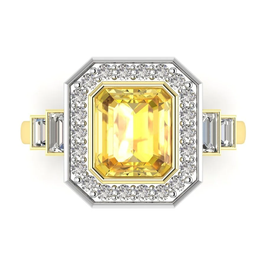 Gold and silver ring with a large yellow gemstone in the center, surrounded by smaller diamonds.