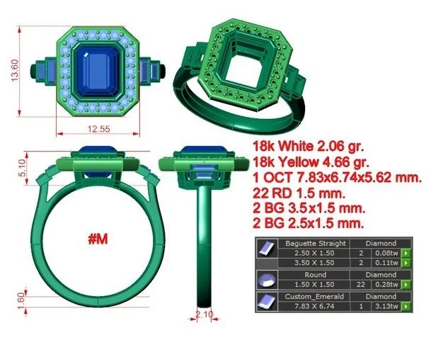 Technical diagram of a ring with measurements, showing various views and dimensions of a jewelry piece, including details about the gemstones and ring size.