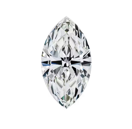 A marquise-cut diamond with facets reflecting light, showing a sparkling, elongated oval shape.