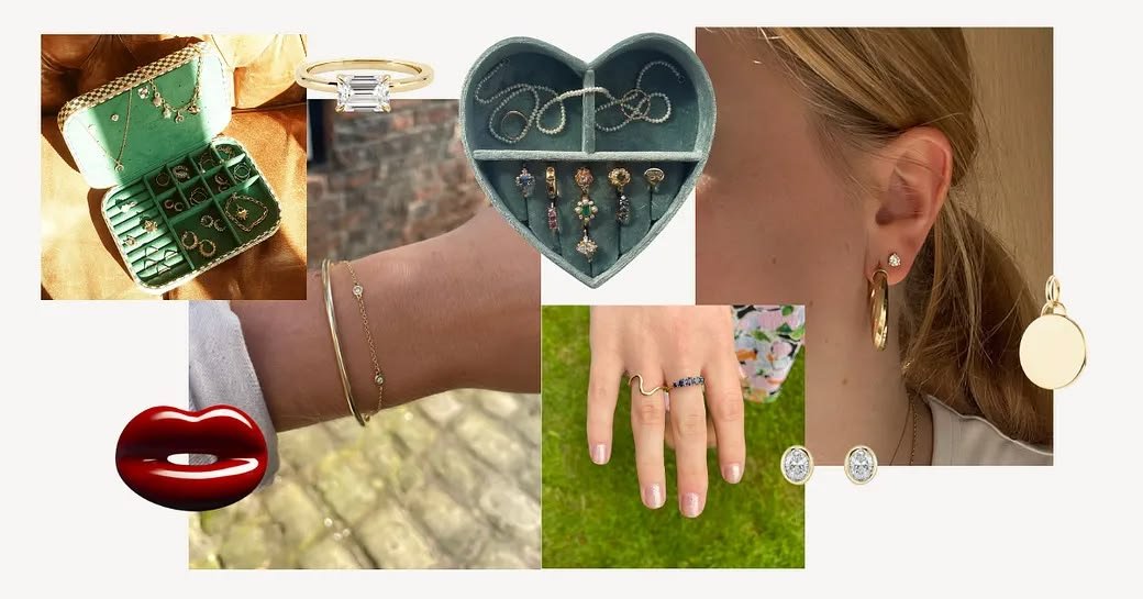 A collage of jewelry including earrings, rings, bracelets, and necklaces, featuring various styles and sets of jewelry.