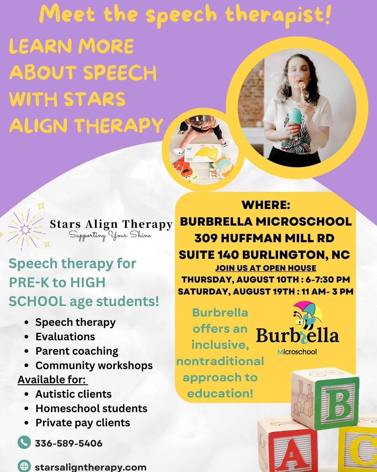 I will be attending Burbrella Microschool's upcoming open house events! 
Come say hi and learn more about your speech therapy and schooling options for 2023! 
🤩When: Thursday, August 10th at 6-7:30 pm OR Saturday, August 19th 11 am-3 pm
🤩Where: Bur