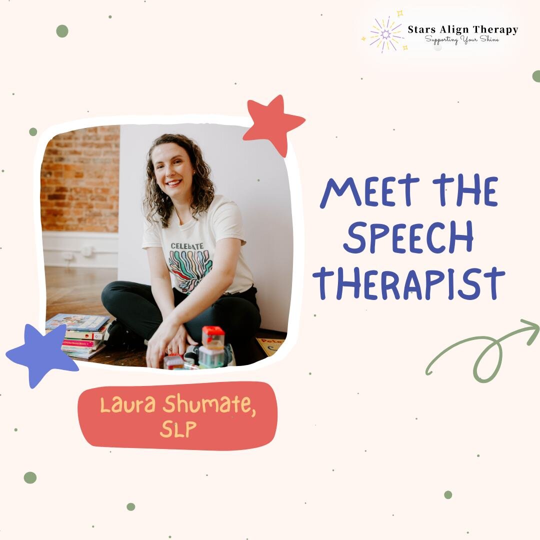 Hi, I'm Laura, the owner of Stars Align Therapy and your friendly local speech therapist! Nice to meet you!

Picture ID:
Slide 1:
Picture of Laura Shumate, a white woman, sitting on the floor, smiling at the camera with books and blocks around her. U