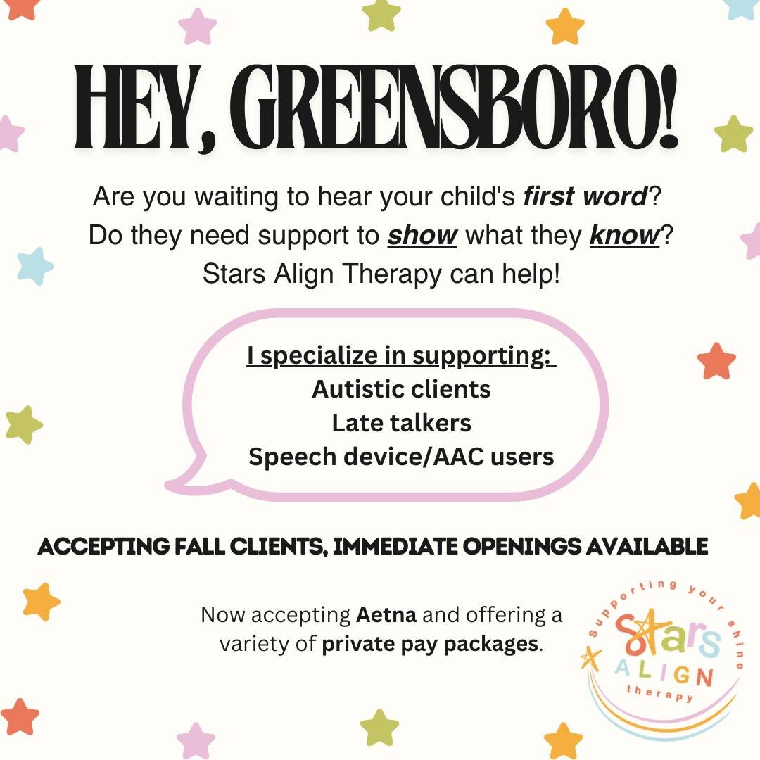 Pediatric speech therapy that embraces your child for who they are? I can help! 

Reach out today. Book a free 15-minute consultation on our website (Link in bio). 
🥳 NOW ACCEPTING AETNA 🥳

🖥: starsaligntherapy.com

🤳: 336-589-5406

📩: hello@sta