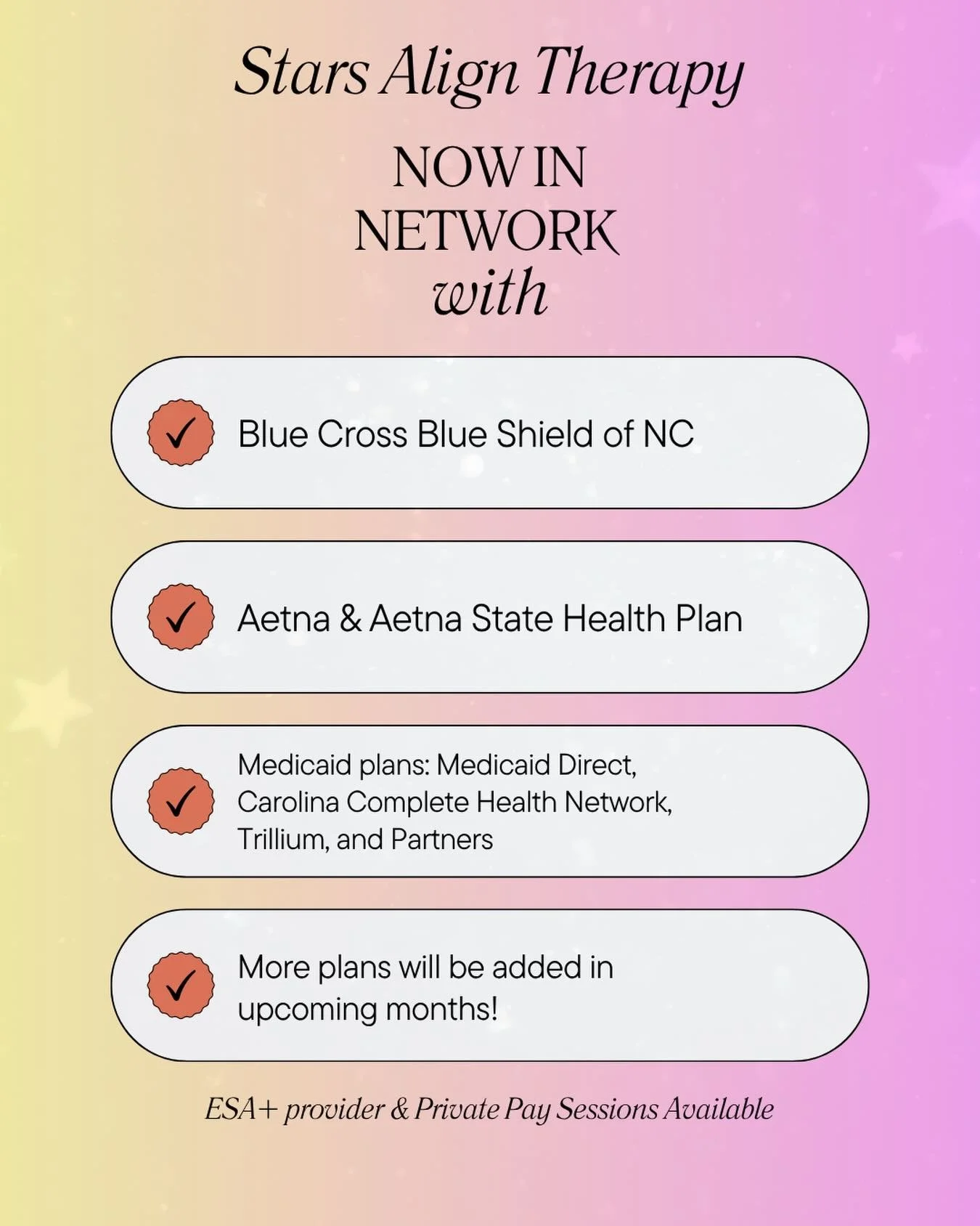 No jokes here&hellip; we're excited to announce we're in network with 🎉 FOUR 🎉 Medicaid Plans as of today! 

Reach out now if you need a speech therapist. 
📞 336-589-5406
📧 hello@starsaligntherapy.com
🖥️ starsaligntherapy.com