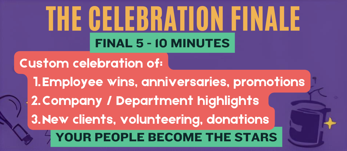 A colorful slide titled "The Celebration Finale" with a purple background. It mentions celebration details such as "Final 5 - 10 Minutes" and highlights themes like employee recognition, company highlights, and new clients or donations, emphasizing that "Your People Become the Stars."