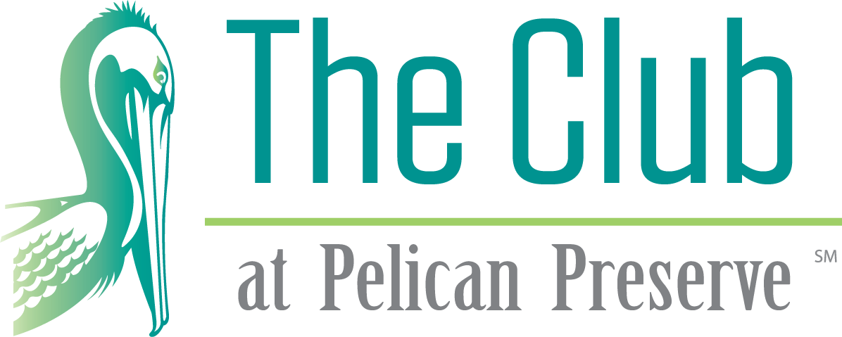 Logo for The Club at Pelican Preserve, featuring a stylized bird in teal and black with the text 'The Club at Pelican Preserve'.