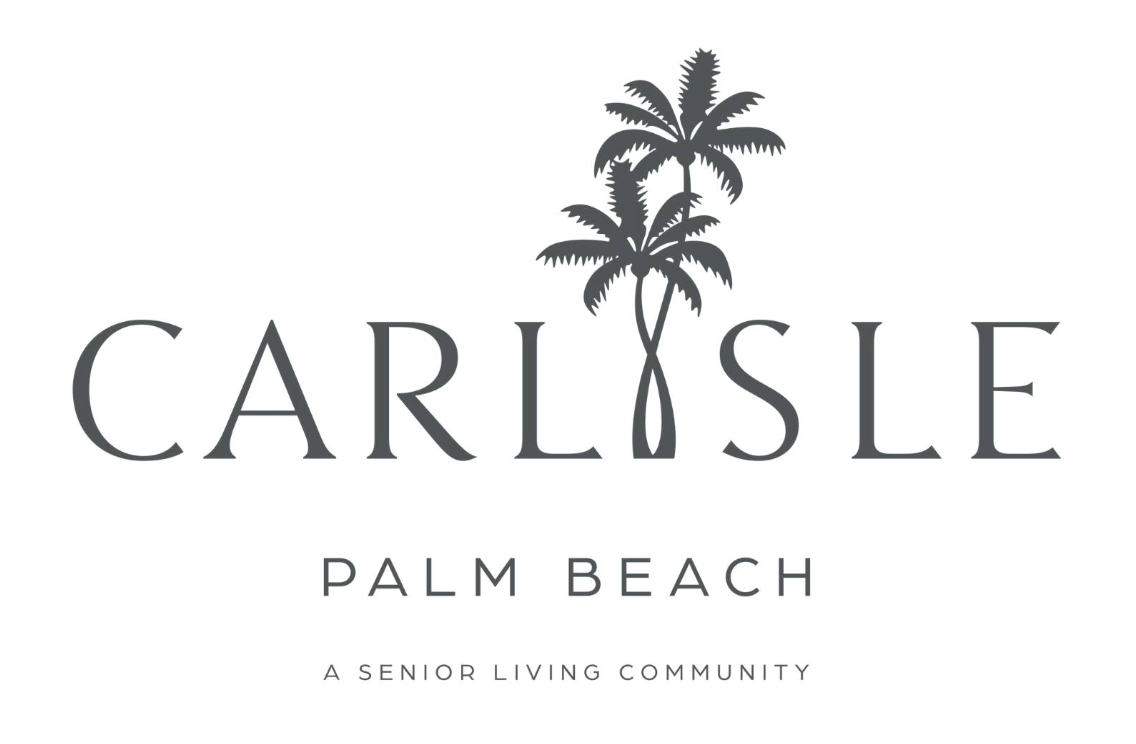 Logo for Carlisle Palm Beach, a senior living community, featuring a silhouette of two palm trees.