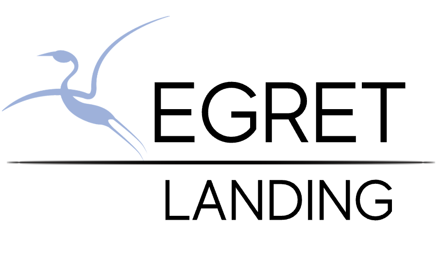 Logo with a stylized blue egret bird flying and the words "Egret Landing" in black and gray text.