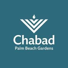 Logo for Chabad Palm Beach Gardens with a stylized flame above the name.