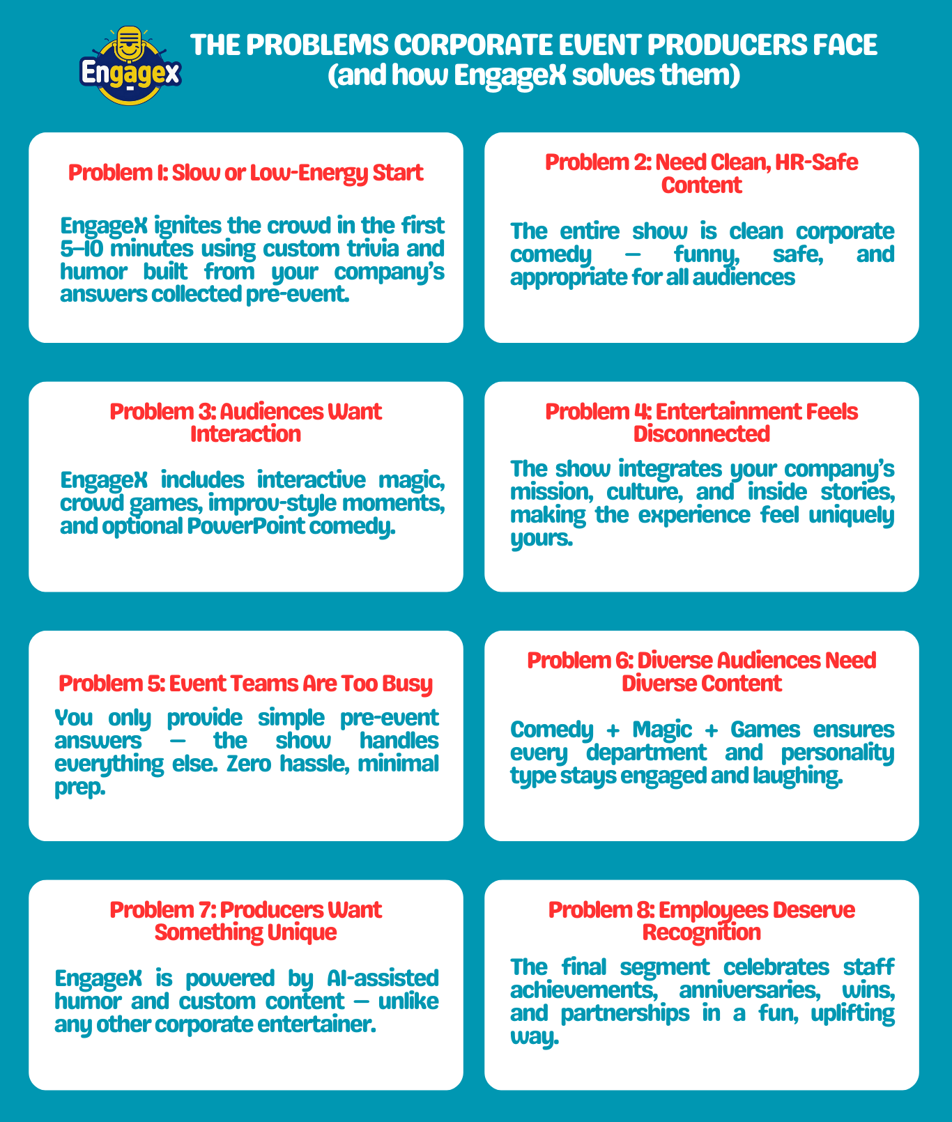 A colorful infographic titled 'The Problems Corporate Event Producers Face and How EngageX Solves Them'. It lists eight problems related to corporate event production, each in a separate box, including slow start, need for safe content, audience interaction, disconnection, busy event teams, diverse content needs, unique producer demands, and employee recognition. Each problem has a brief description of how EngageX addresses it.