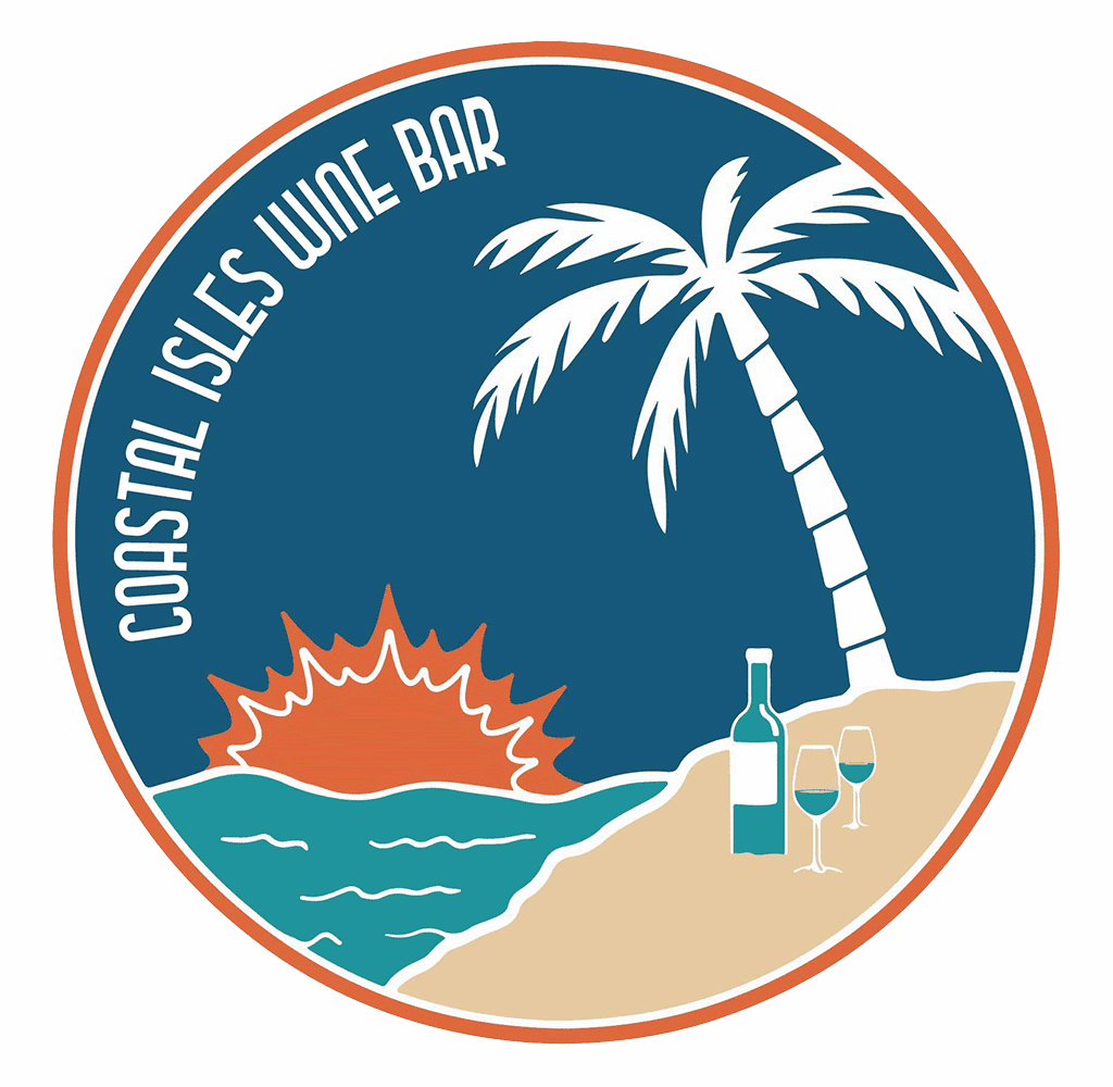 A circular logo for Coastal Isles Wine Bar featuring a palm tree, a sunset over the ocean, and wine bottles with glasses on a beach background.