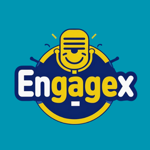 Logo of EngageX featuring a smiling cartoon microphone with headphones, and the company name in bold white and yellow letters on a blue background.