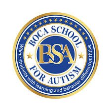 Boca School for Autism logo with blue and gold colors, featuring the initials BSA and a surrounding text that reads 'Where students learn and behavior effects thrive'.