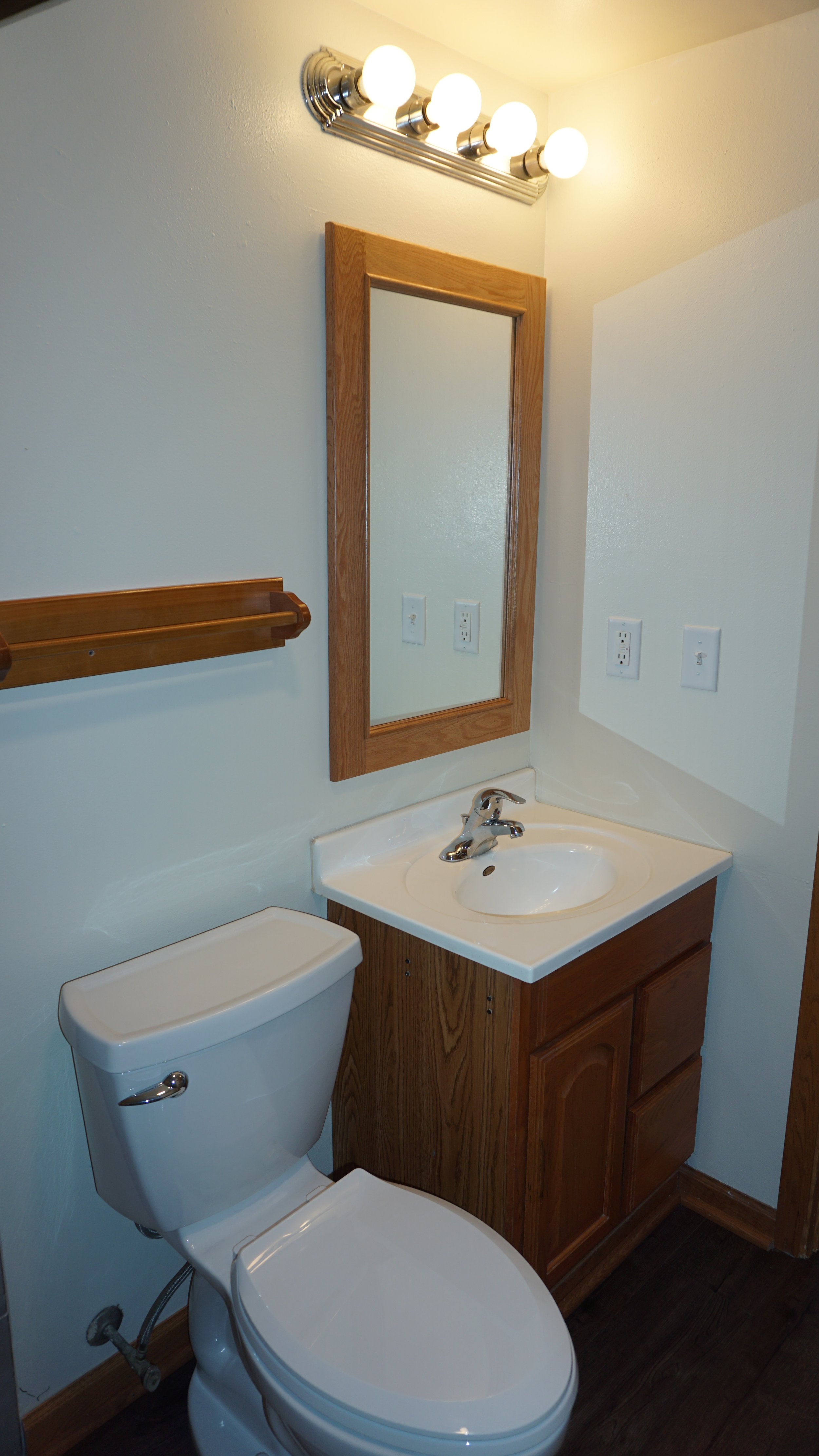 Bathroom with a toilet, a small dark-colored vanity, and wood-look flooring.