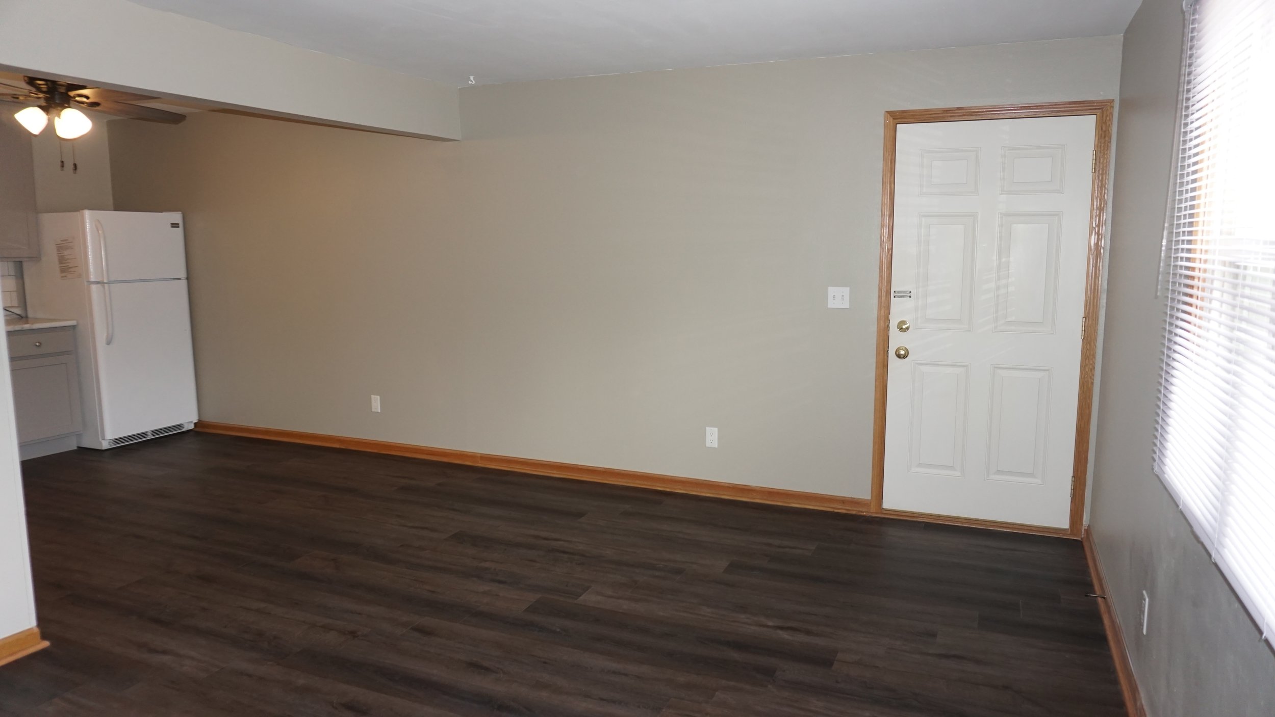 Empty living room and kitchen area with hardwood floors, white walls, and natural light coming through windows, showing shadows on the wall.