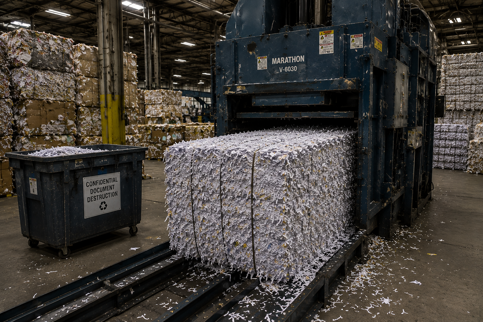 A paper shredding machine outside a warehouse is shredding large stacks of paper. A dumpster labeled 'Confidential Document Destruction' is nearby, filled with shredded paper. The warehouse has numerous boxes and stacks of shredded paper in the background.