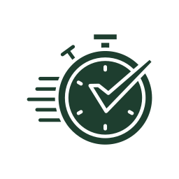 A stopwatch with a checkmark inside and motion lines indicating speed or quickness.